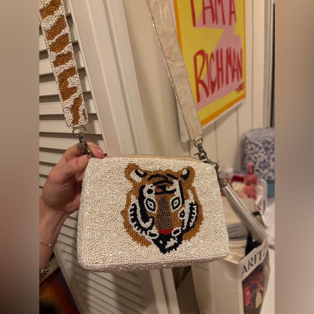 Embroidered Tiger Beaded Crossbody Bag